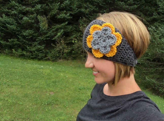 Crochet Ear Warmer Headband with Flower- Cheerleader- grey and mustard