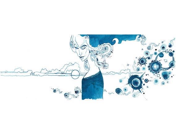 Blue ink  Illustration Drawing - In the Sky - print 8x11.5 inch (21x29.5 cm)