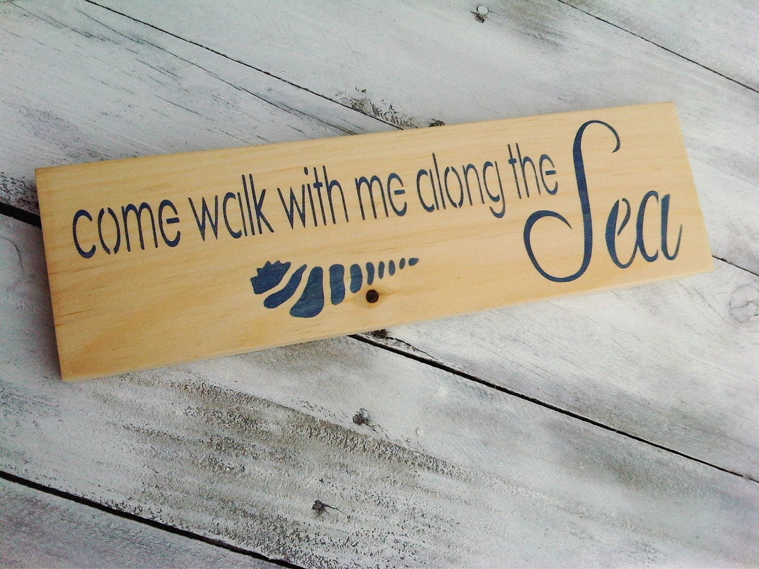Beach Wedding Beach House Decor "Come walk with me along the Sea" 4x12 navy on pine wood sign