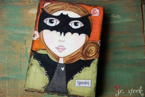 Original Art Painting: Halloween Bat Girl - 5x7 Original Mixed Media Art, Whimsical Art, Halloween Girl, OOAK, black, orange, green