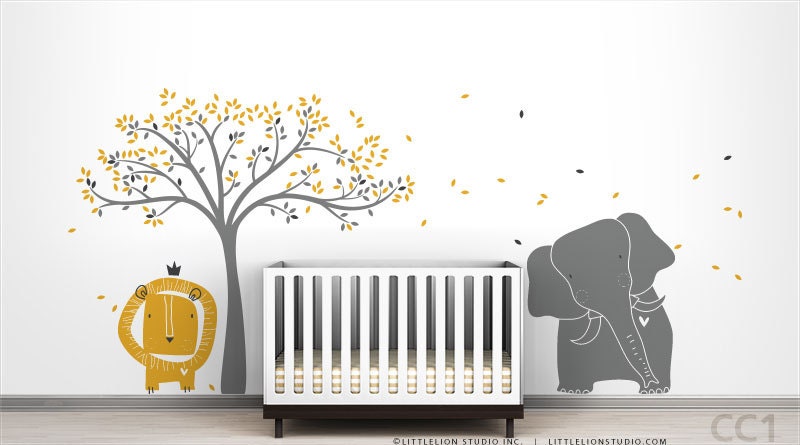 Modern Baby Zoo Wall Decal Mural by LittleLion Studio - Tree, elephant and Lion - Gray, yellow and other colors