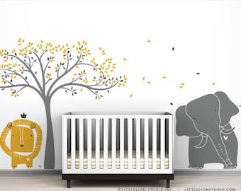Modern Baby Zoo Wall Decal Mural by LittleLion Studio - Tree, elephant and Lion - Gray, yellow and other colors