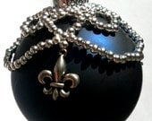 Hand Crafted Beaded Ornament Cover - Royal Blue Ball with Silver Metal Beads