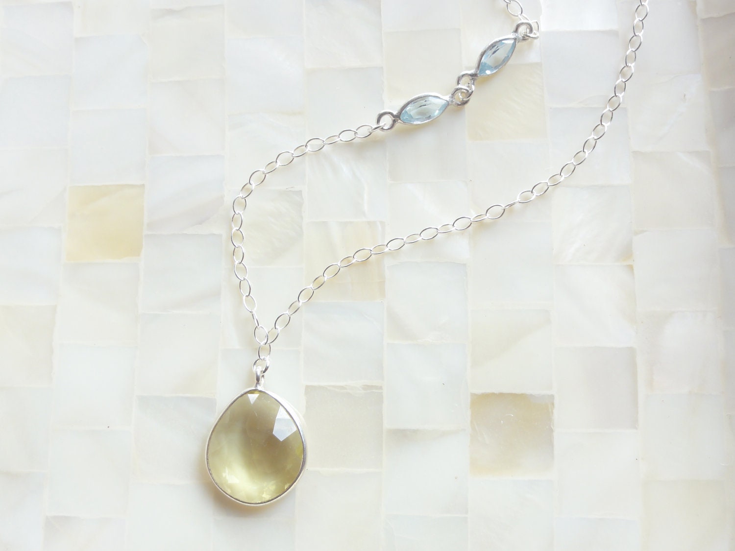 Faceted Lemon Quartz Sterling Silver Bezel Pendant with Blue Topaz Connectors on Sterling Silver Chain Necklace