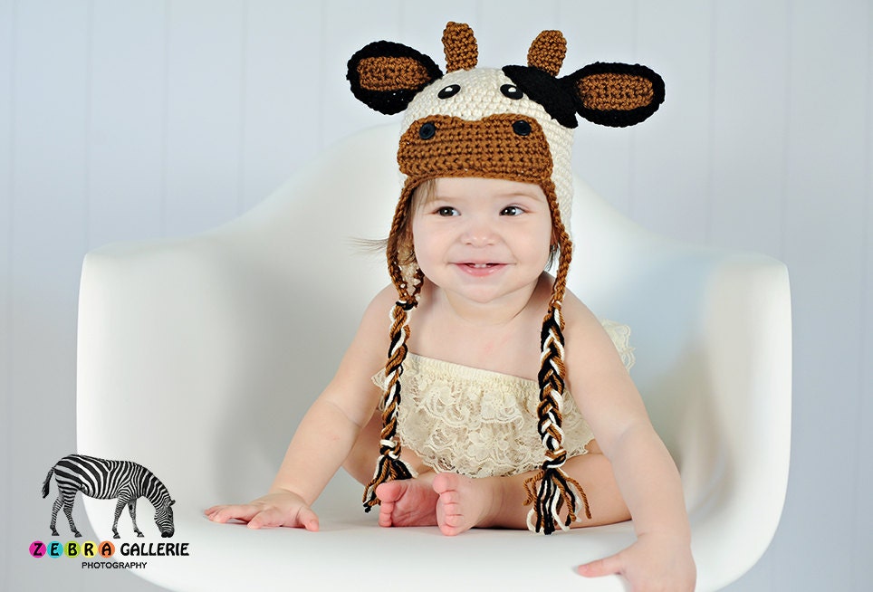 Cow Hat Moo Crochet, Earflaps, Cream Rust Black Button Eyes Baby, Toddler, Child, Teen Adult