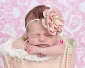 Gorgeous Vintage Pink-Taupe Rose With Pearls on a Skinny Ivory Headband (Newborn, Toddler, Child)