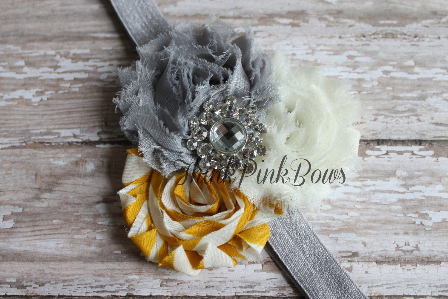 Baby Headband, Newborn Headband, Grey Yellow and white Headband, Baby Bows, Hairbows, flower headband, baby headbands, Vintage Headband
