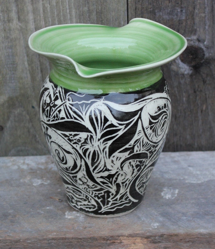 Green Leaf Sgraffito Vase with Butterfly and Hummingbird