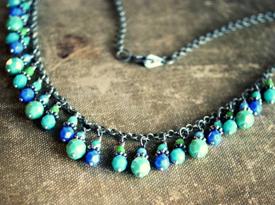 HOLIDAY SALE 15% off (see shop announcement) caterpillar girl rustic gunmetal blue green beaded necklace