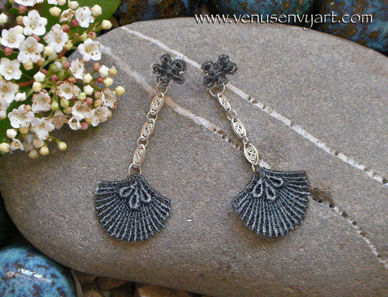 Lace Chandelier Earrings - Dangling Shell on Flower Posts with Silver Filigree Links, Hand Dyed Lace in Pewter Gray / Silver