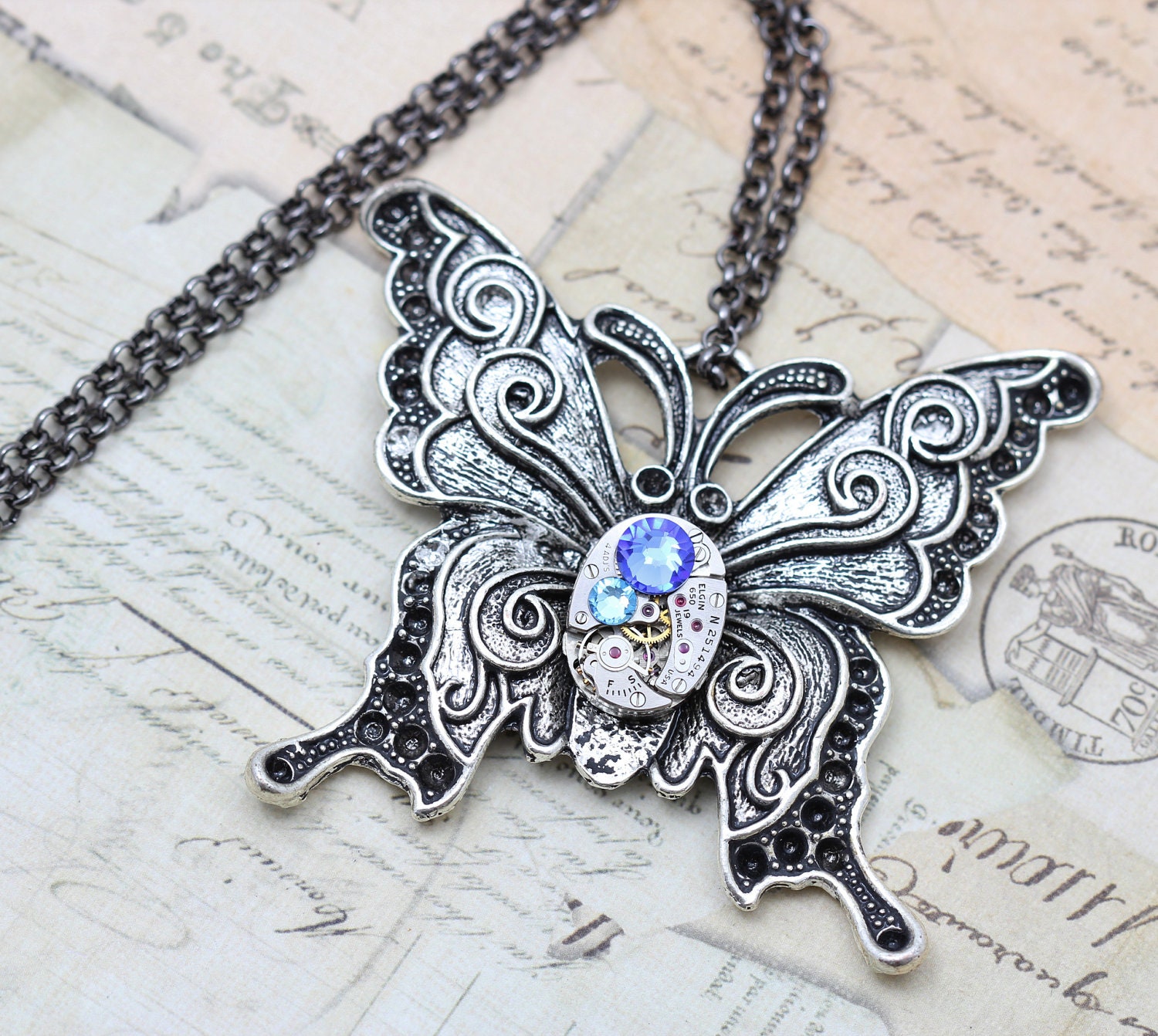 Butterfly Steampunk Necklace Steam Punk Blue - 24" Chain - Vintage Oval Elgin Watch Clock Jewelry Blue