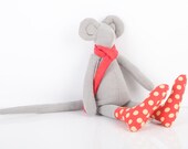 Stuffed animal toy- Plush gray Minimalist Mouse , in Red tie , dotted socks - Eco Friendly handmade doll