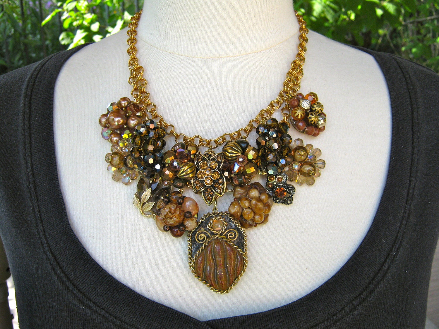 Statement Necklace, Reclaimed Vintage Jewelry, Brown, Amber, Topaz, Reclaimed Cluster Earrings, Charm Necklace - Bronze Glory