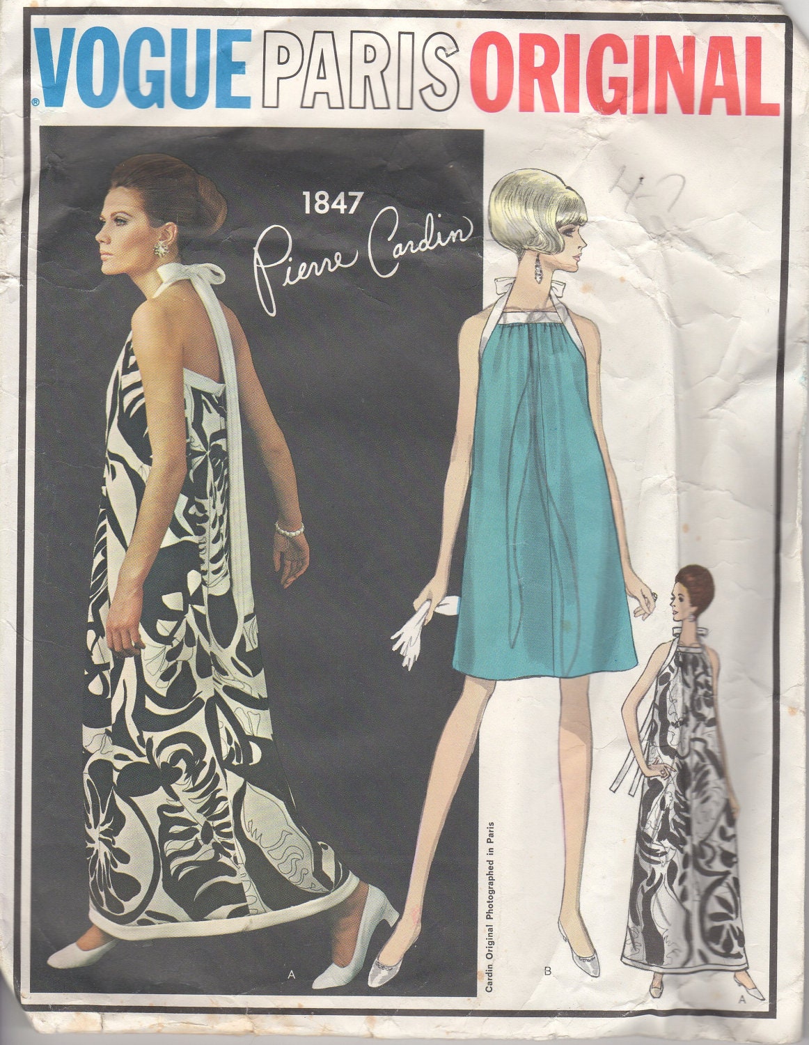 Maud Adams modelling a 1960s Pierre Cardin maxi dress pattern, Vogue 1847