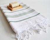 Turkish BATH Towel - Classic Peshtemal - White (green striped)