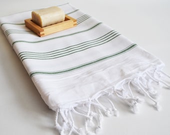 Turkish BATH Towel - Classic Peshtemal - White (green striped)