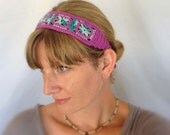 Crochet Boho Headband - Cotton & Silk - Magenta and Turquoise