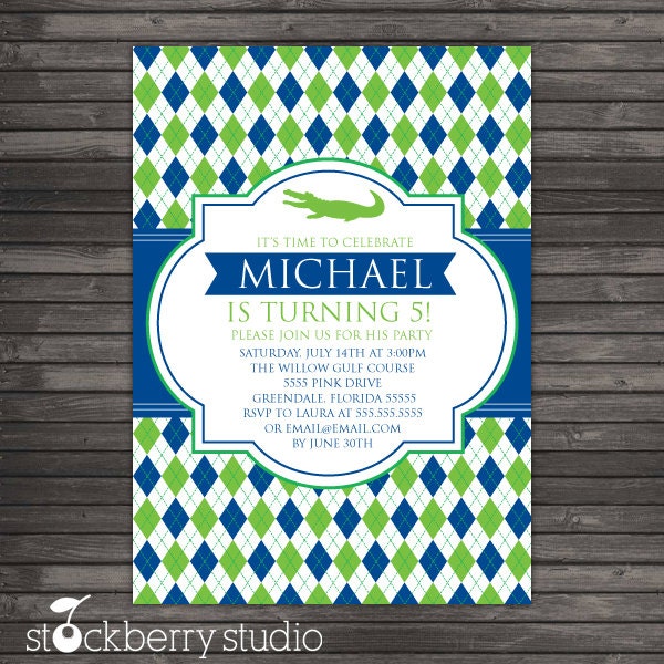 Preppy Blue Alligator Argyle Printable Birthday Invitation party 5x7 invitation or Baby Shower Il_570xn