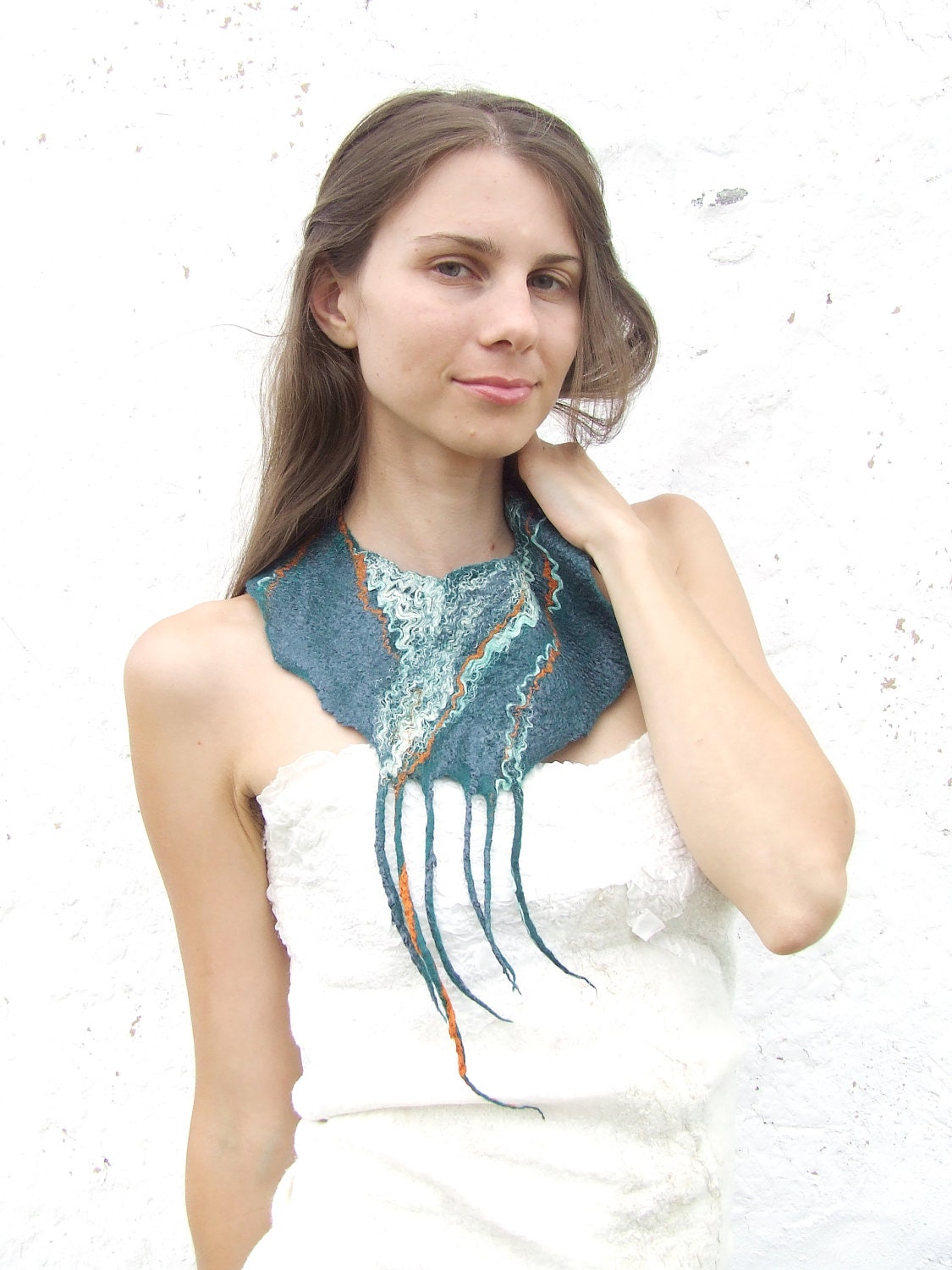 Teal statement  felt necklace, felted wool bib collar, green teal scarf weddings bridesmaid winter fashion