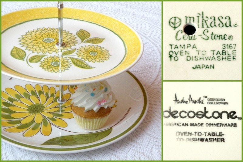 Yellow & Green Daisies Mod Hostess Stand, 2 Tier Vintage Plates Cupcake Display Centerpiece for Birthday Party, Cookies or Kid Treats
