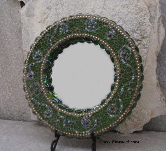 Round Mosaic Mirror in Greens and Gold