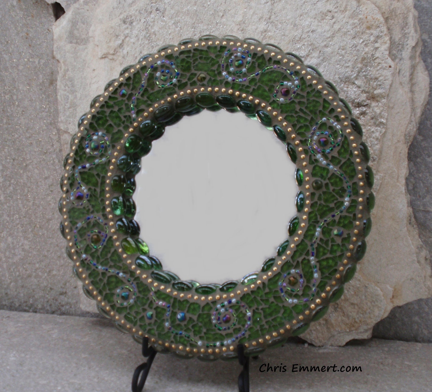Round Mosaic Mirror in Greens and Gold