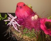 Fushia handmade bird nest ornament, holiday ornament bird.