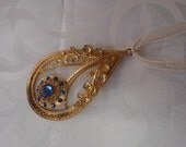 SALE New Life: Vintage Treasure - Genuine round cut diamonds vintage detailed flower & blue rhinestone necklace, OOAK ornate