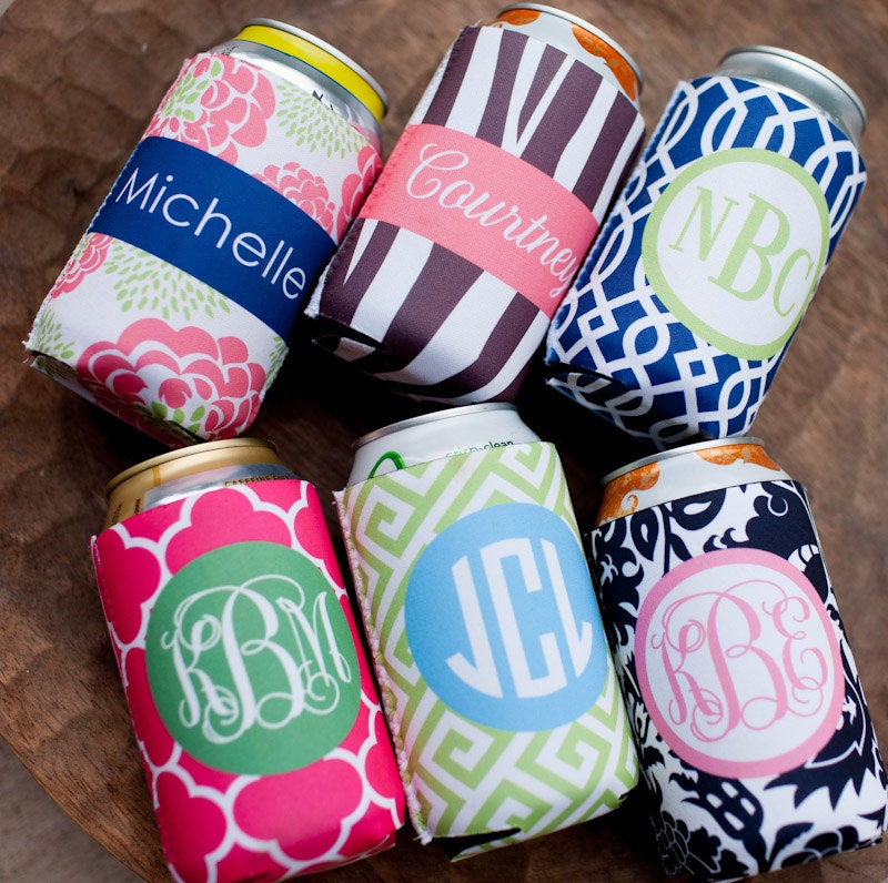 monogrammed drink koozie - choose one from 6 template designs, customize name/initials only