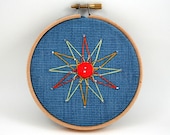 Star Embroidery Hoop Art, orange, yellow, blue, geometric design, starburst, geometry, button, triangle, circle