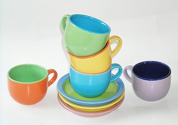 Gibson Child's Tea Cups and Saucers - Bright Colors, Tea Party