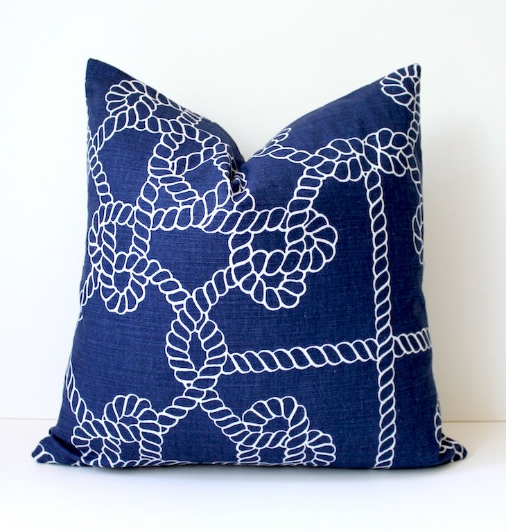 Rope Nautical Navy Blue Designer Pillow Cover 18 White Accent Cushion Knots modern coastal cottage dark indigo sailor resort summer