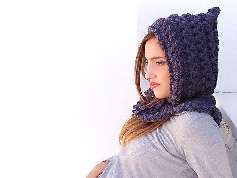 Crochet  hat - hood, hooded collar, hooded hat, crocheted neck warmer, Gray braids