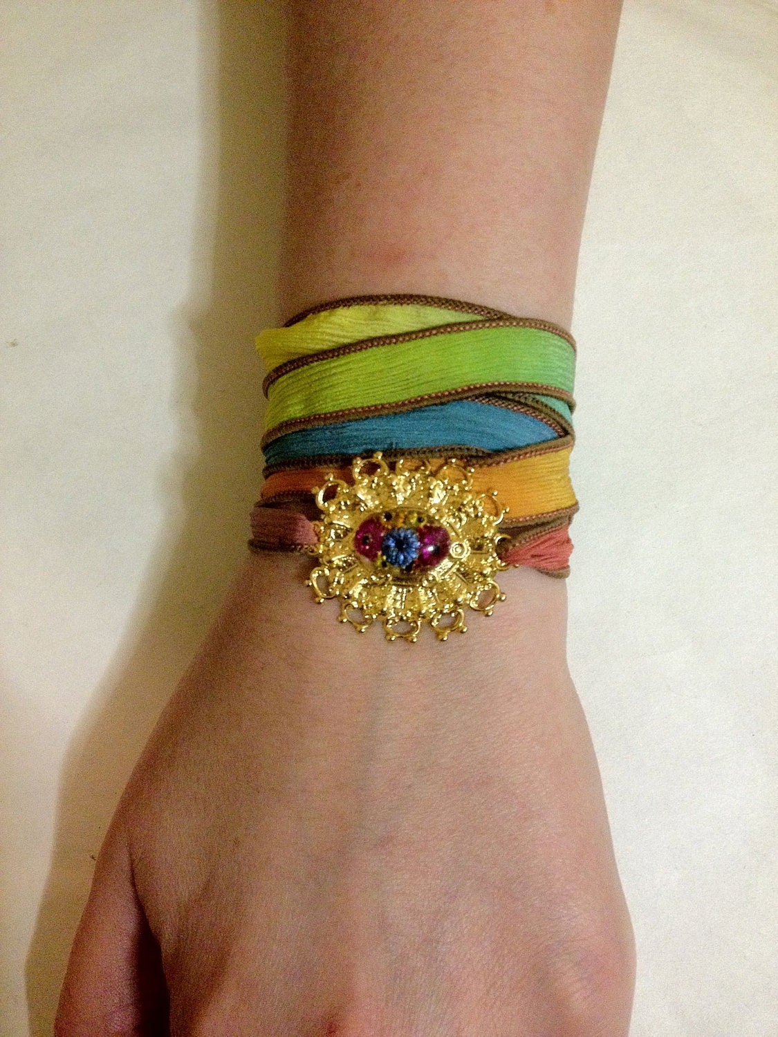 Vintage Convertible Bracelet/Anklet/Choker/Necklace/Headdress/Headband Multicolor Ombre Silk Wrap