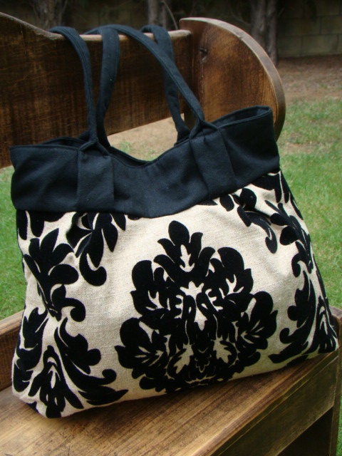 Tan Linen with Black Flocked Damask and Canvas Lined Large Shoulder Bag with Pleats and Darts