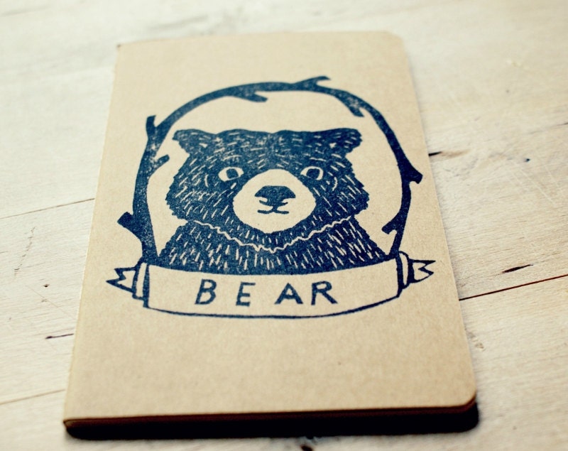 Bear Cub Animal Lined Notebook Moleskine Journal Hand Carved Stamp Kids Spring Gift