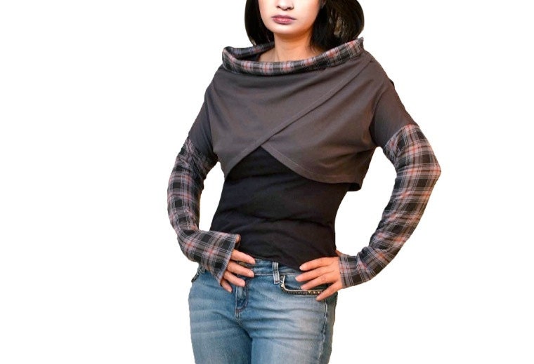 Women asymmetrical tops/ Gray Long Sleeve Shrug Bolero/mini vests/wrap tops