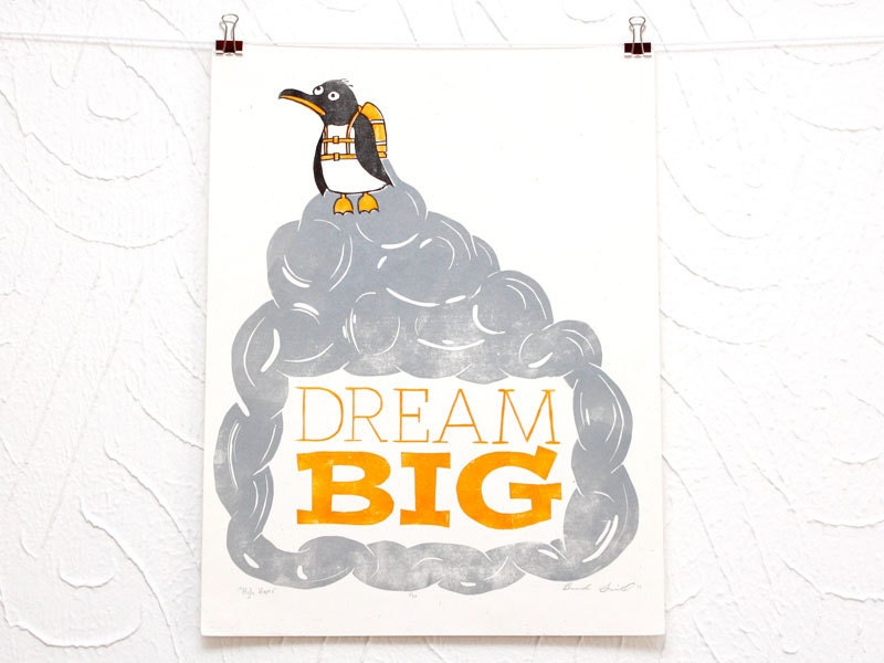 Dream Big penguin letterpress print
