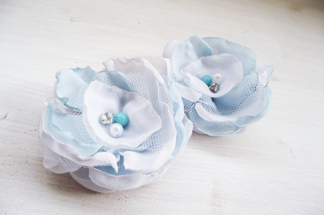 Bridal aqua fabric flowers wedding hair accessories white blue women fashion europeanstreetteam