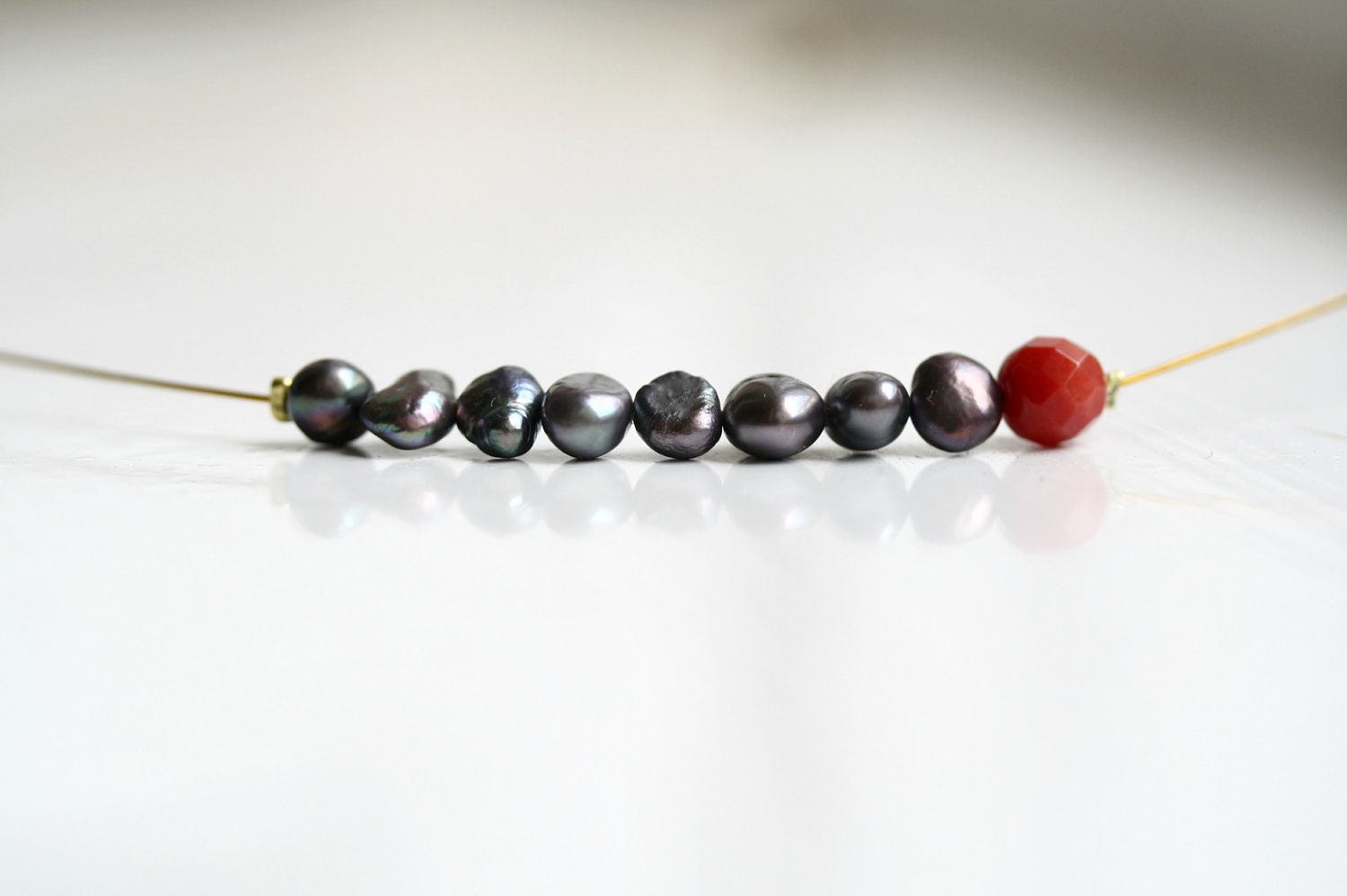 Black Pearls Meet Red Coral Necklace / Modern and Minimalist