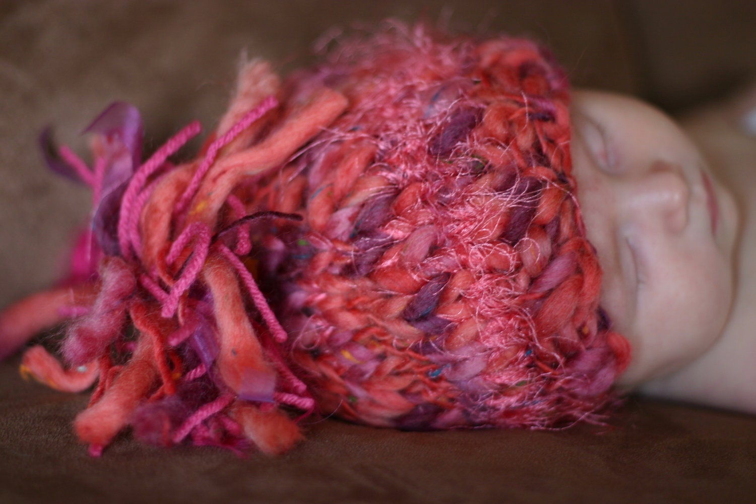Baby hat photo prop hand knit beanie pom pom fuschia, orange, salmon, plum free US shipping