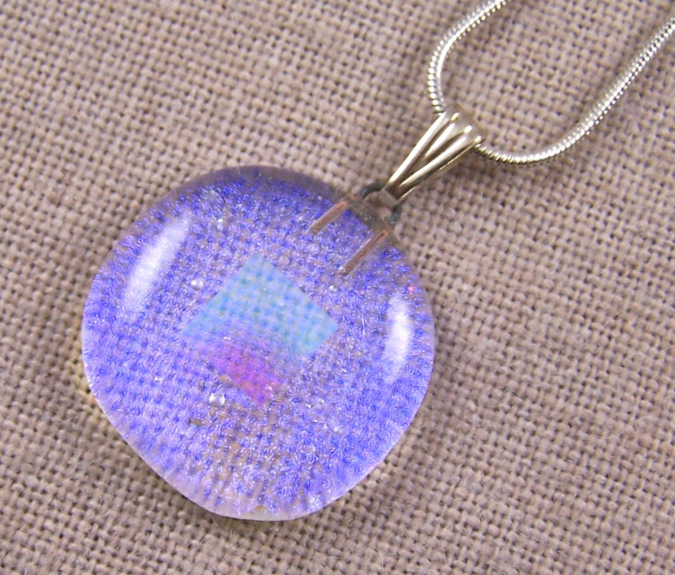 Clear Blue Dichroic & Sterling Silver Pendant - Teal Moonstone Blue Diamonds n Ice Dichro - Round 1" One Inch 25mm