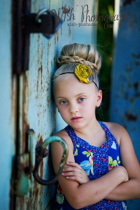Yellow Rosette Headband....Rosette Headband.....Yellow Flower Headband..Yellow Flower..Photography Prop...mustard yellow...black..CIERRA