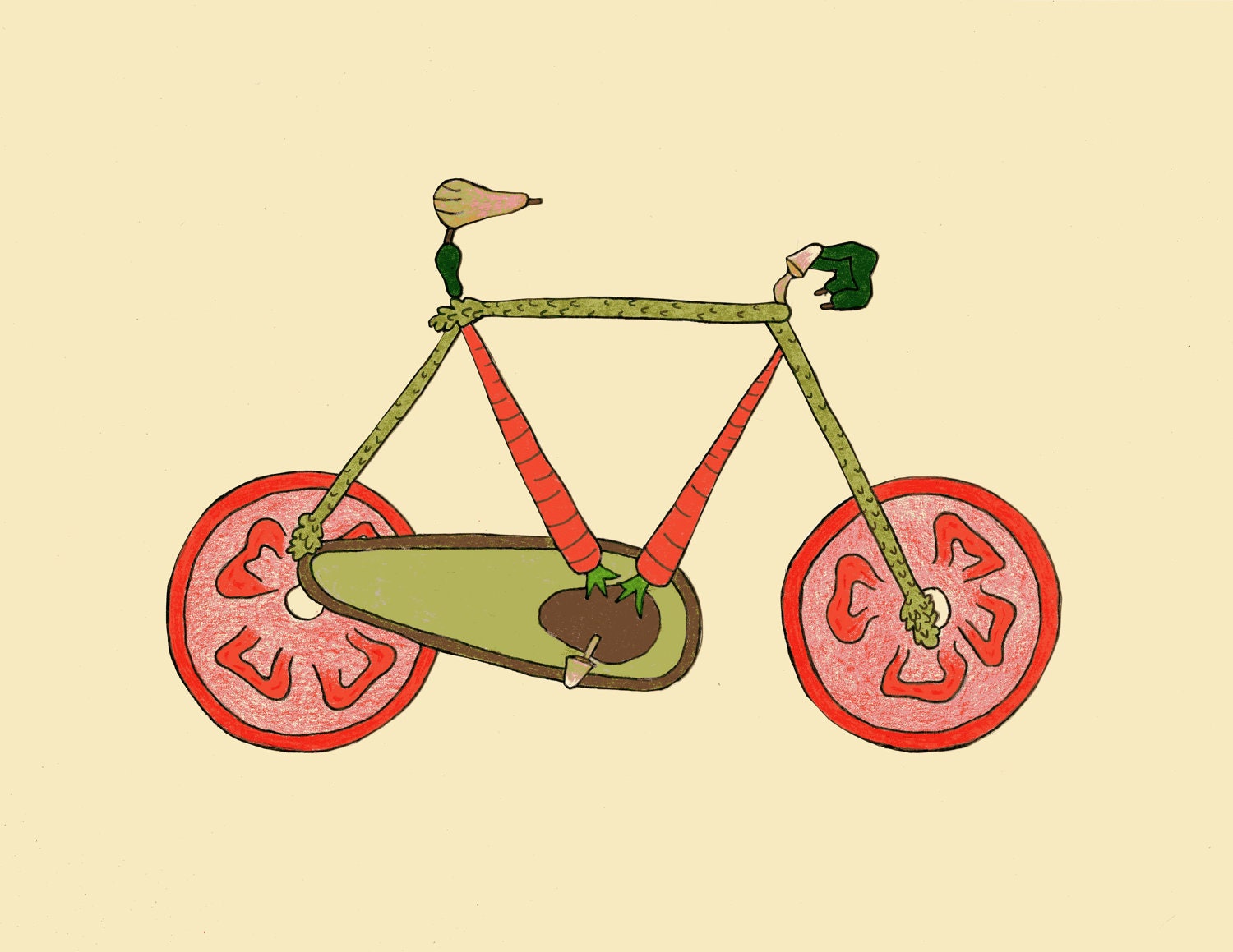 8.5 x 11 print of colorful mixed media illustration fruits and vegetables bike single speed fixie vegetarian vegan hipster