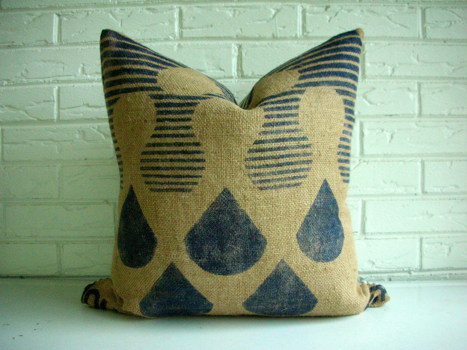 Nautical Pillow Cover - Rustic Industrial Decor - Burlap Coffee Sack - Modern Farmhouse - Navy Blue Natural - Houston Texas - Raindrop