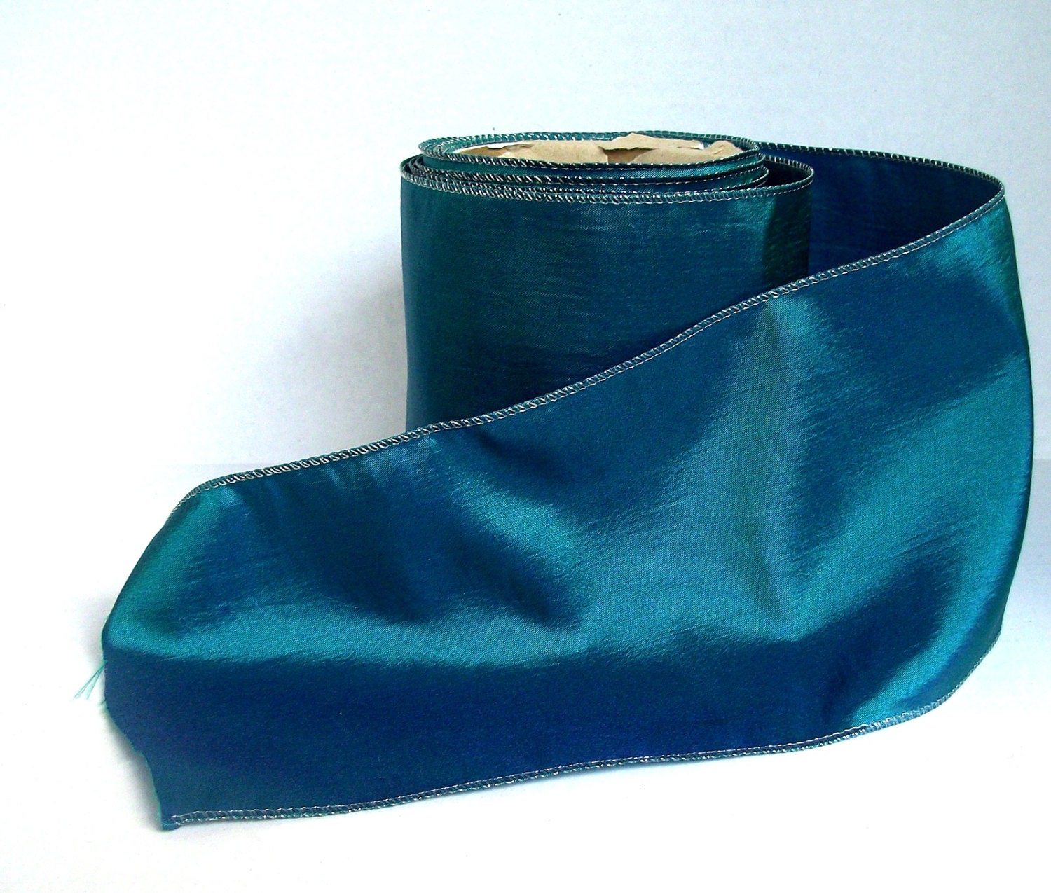 5 Inch Wide Wired Satin Ribbon in Iridescent Peacock Blue