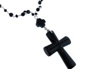 Gothic/Victorian/Dark Romance - Onyx Double Cross Necklace with Swarovski Beaded Chain