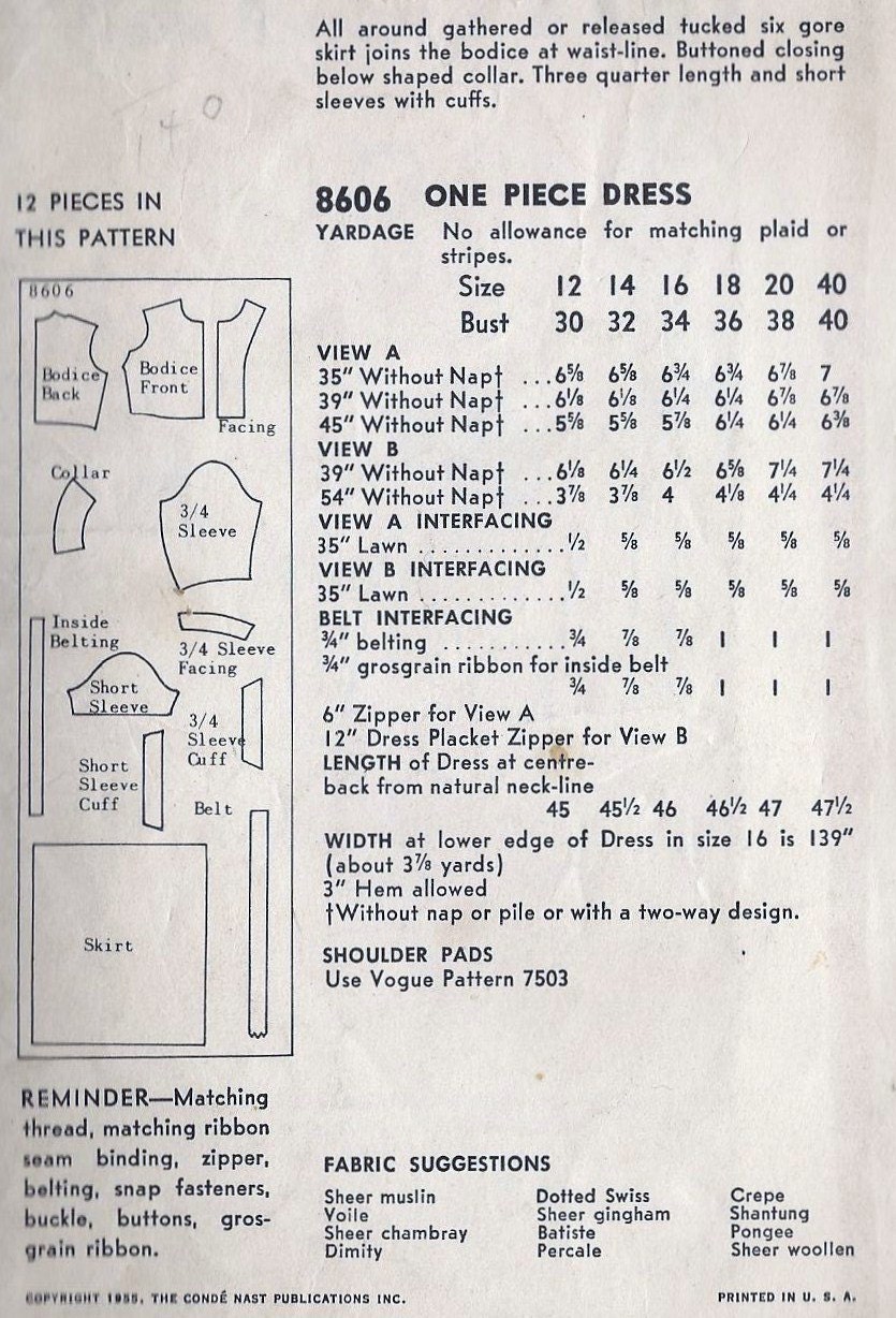 1950s Misses Summer Shirtwaist Dress Vintage Sewing Pattern, Rockabilly, Summer Fashion, Vogue 8606 bust 34"