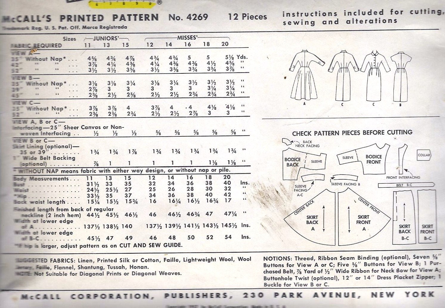 1950s Junior Miss Shirtwaist Dress with Two Skirts Vintage Sewing Pattern, Full or Slim Skirt, McCall's 4269 Bust 34"