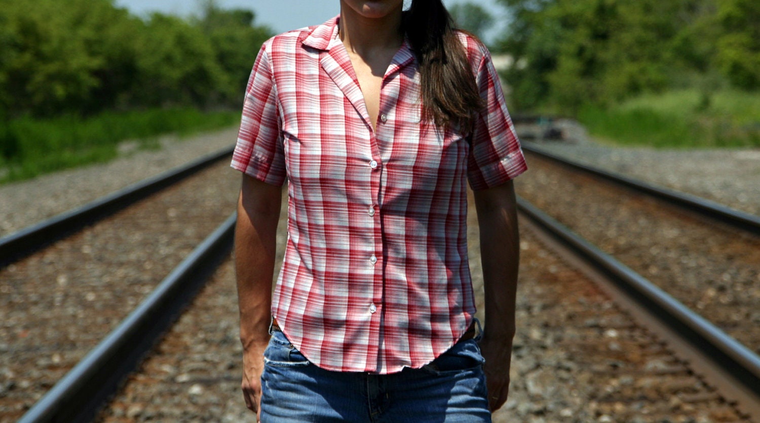 RESERVED for MAURI -  vtg 70s 80s Country Rockabilly Button-Down Short Sleeve Blouse Shirt - M